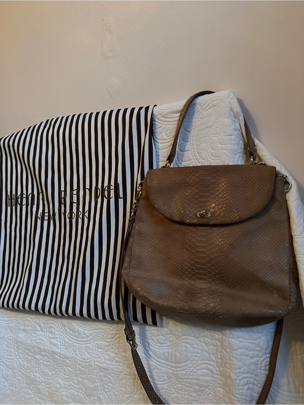henri bendel Taupe Brown Textured Leather Shoulder Bag